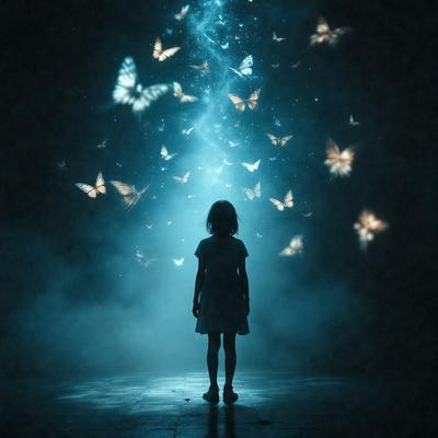 The primary subject of the image is a young girl standing in a dark room, surrounded by a swarm of butterflies. The setting appears to be a black and white photo, creating a dramatic and artistic atmosphere. The visual style is reminiscent of a vintage photograph, with the butterflies and the girl's dress adding a touch of whimsy to the scene. The colors and mood of the image are predominantly dark and moody, with the butterflies and the